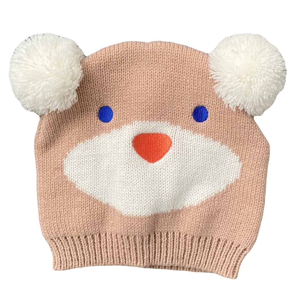 Adorable Knit Baby Bear Beanie Hat With White Pom Poms Blue Eyes Size Os Age 1+